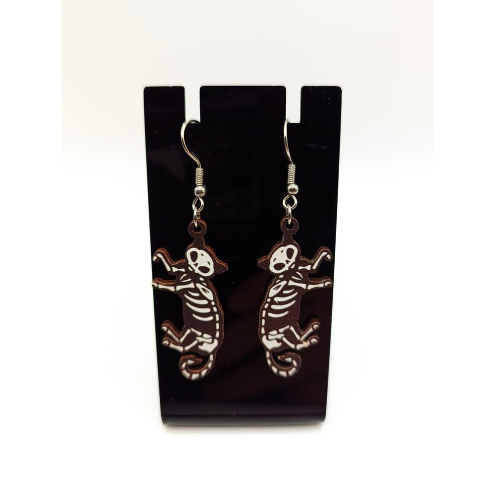 Skeleton Cat Earrings Spooky Halloween Lightweight Wood Dangle